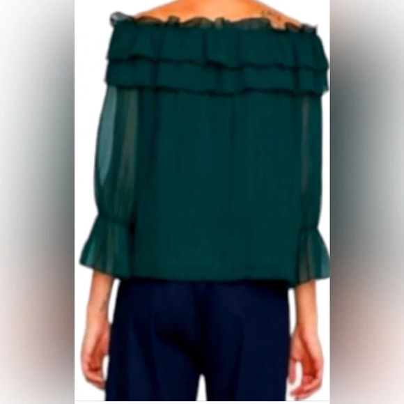 Zara basic XS forest green off shoulder ruffle top - Picture 3 of 6